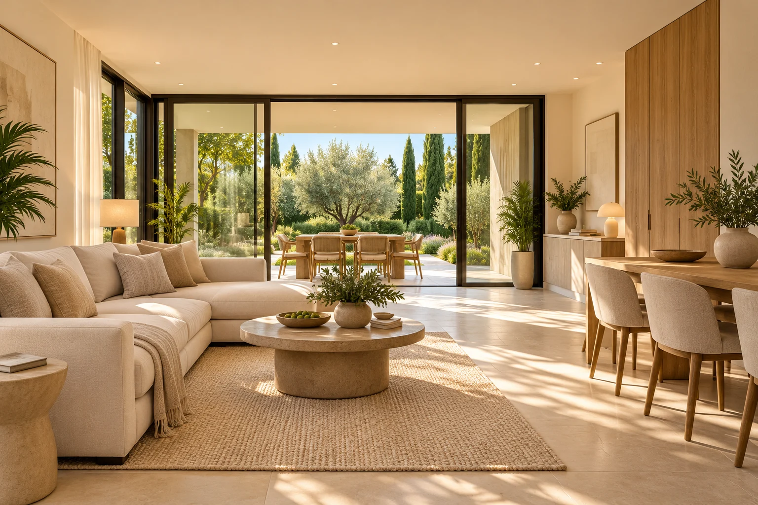 Propuesta interior: salón en tonos naturales, carpintería oscura y grandes ventanales hacia un jardín privado